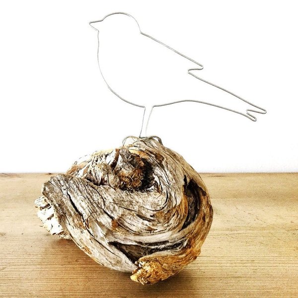 Vogel aus Draht auf wunderschönem Holz - Handmade